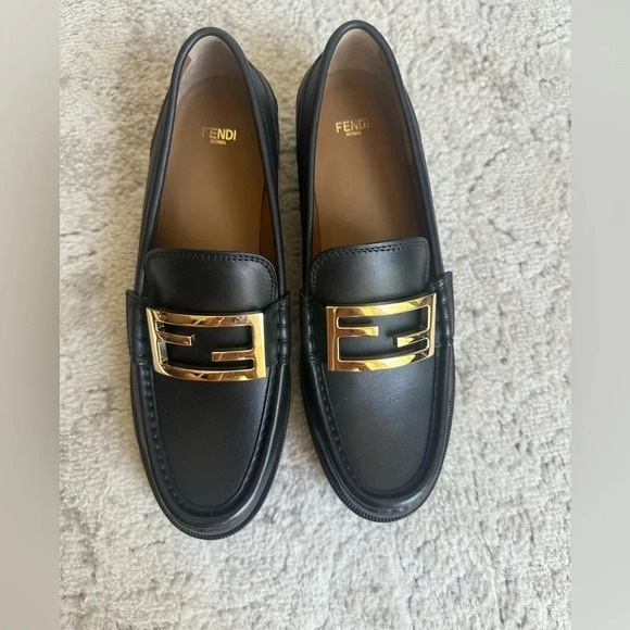 New Fendi Black Slip On Baguette Loafer with Gold Monogram Buckle SIZE 10.5 - Picture 7 of 14